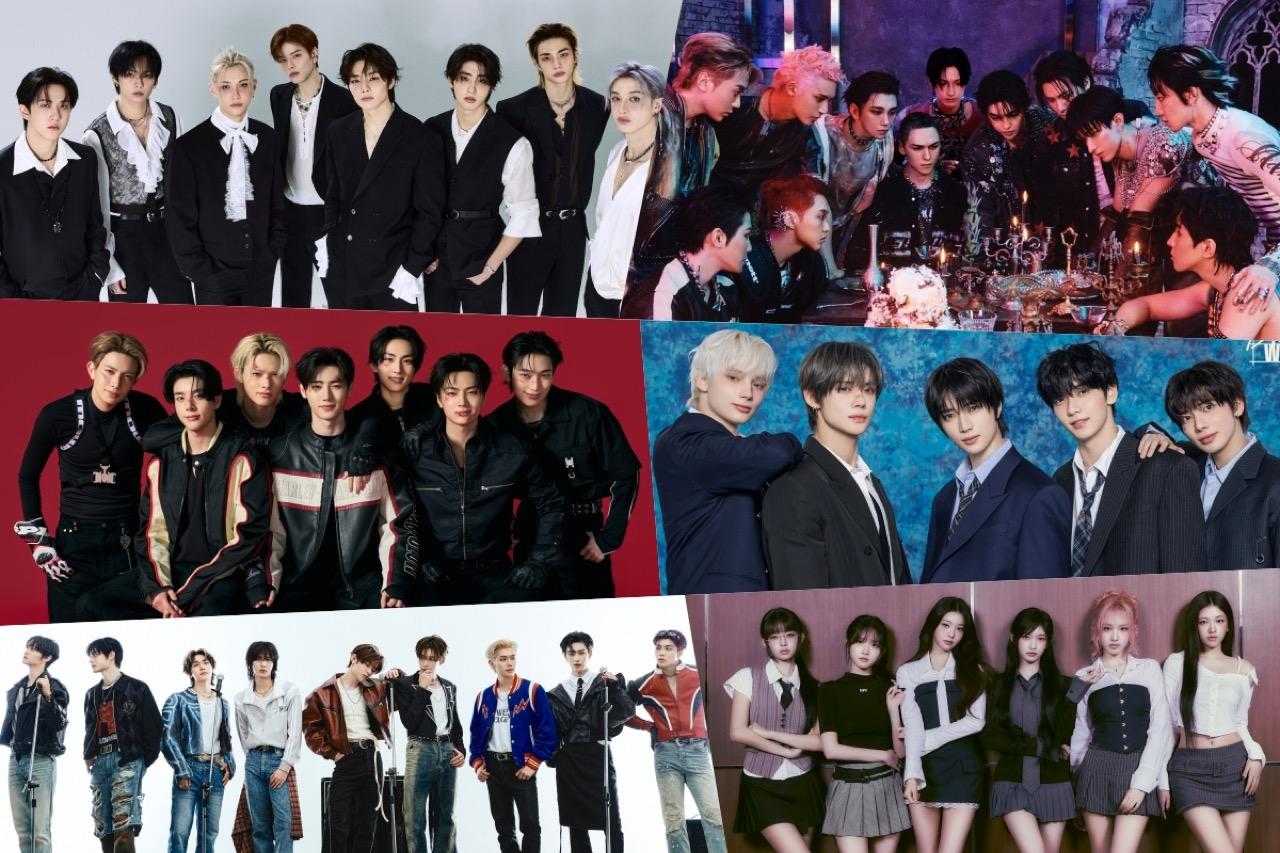 K-pop groups that dominated the 2025 IFPI Global Album Sales Chart including Stray Kids, SEVENTEEN, ENHYPEN, TXT, ZEROBASEONE, and IVE