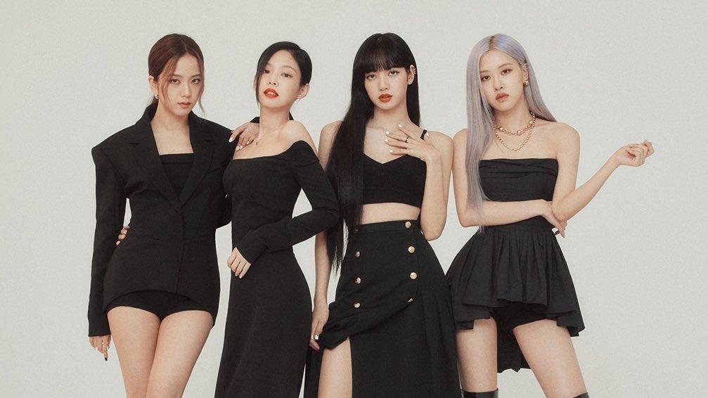 BLACKPINK members Rosé, Jennie, Lisa, and Jisoo posing in black outfits