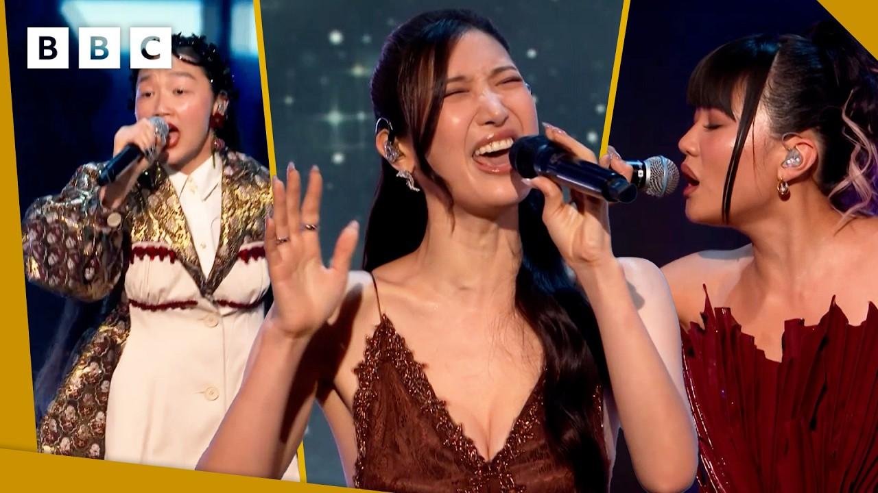 EJAE, Audrey Nuna, and REI AMI performing Golden from KPop Demon Hunters at the 2026 BAFTA Film Awards