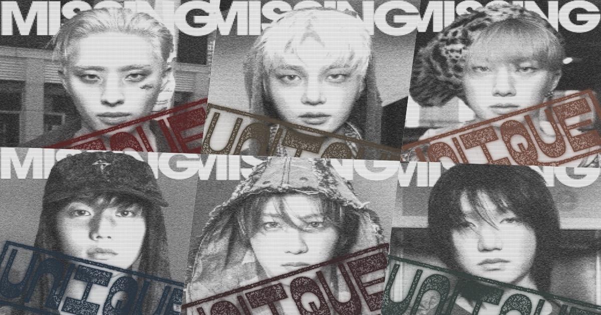 P1Harmony UNIQUE 9th mini album concept photo featuring all six members in MISSING poster style with UNIQUE stamp
