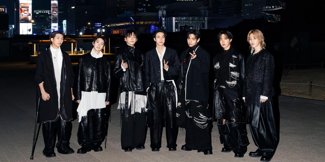BTS wearing SONGZIO Lyrical Armor collection at the ARIRANG comeback concert at Gwanghwamun, Seoul
