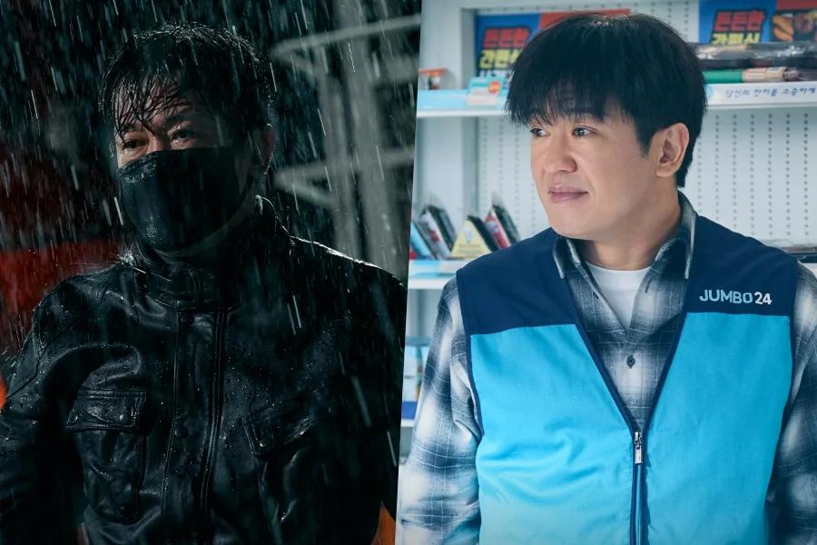 Heo Sung Tae in contrasting stills from Fifties Professionals as a gangster and convenience store owner