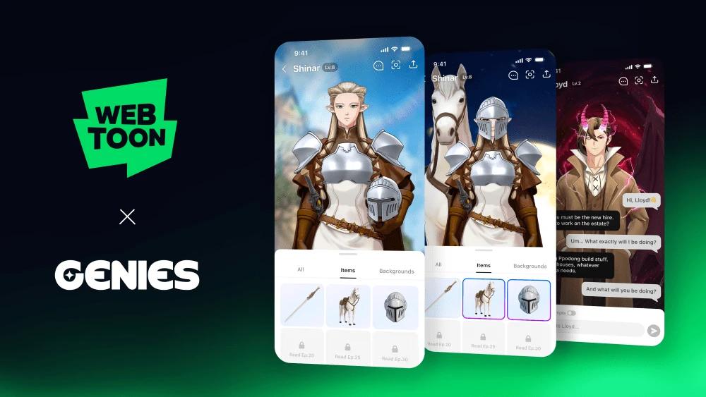 WEBTOON and Genies partnership graphic showing app-based fantasy character avatars and item unlocks