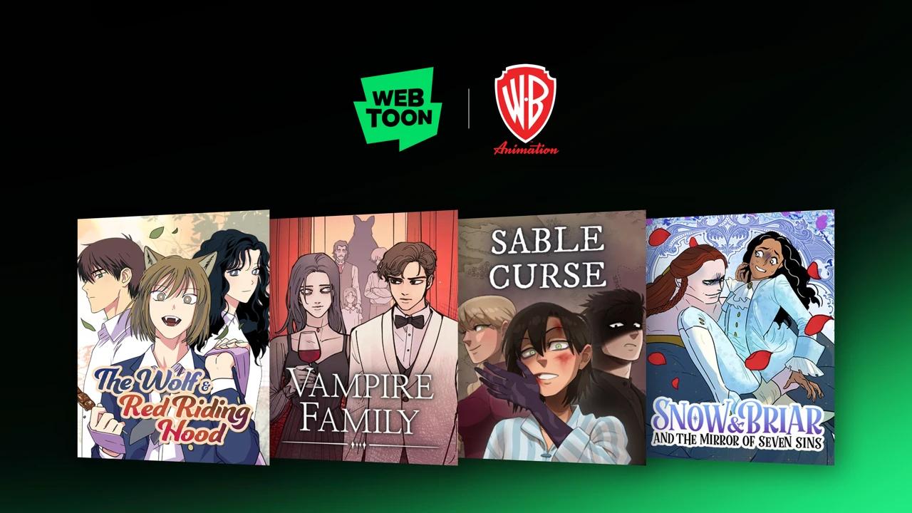 WEBTOON and WB Animation logos above four illustrated poster covers for the new development slate