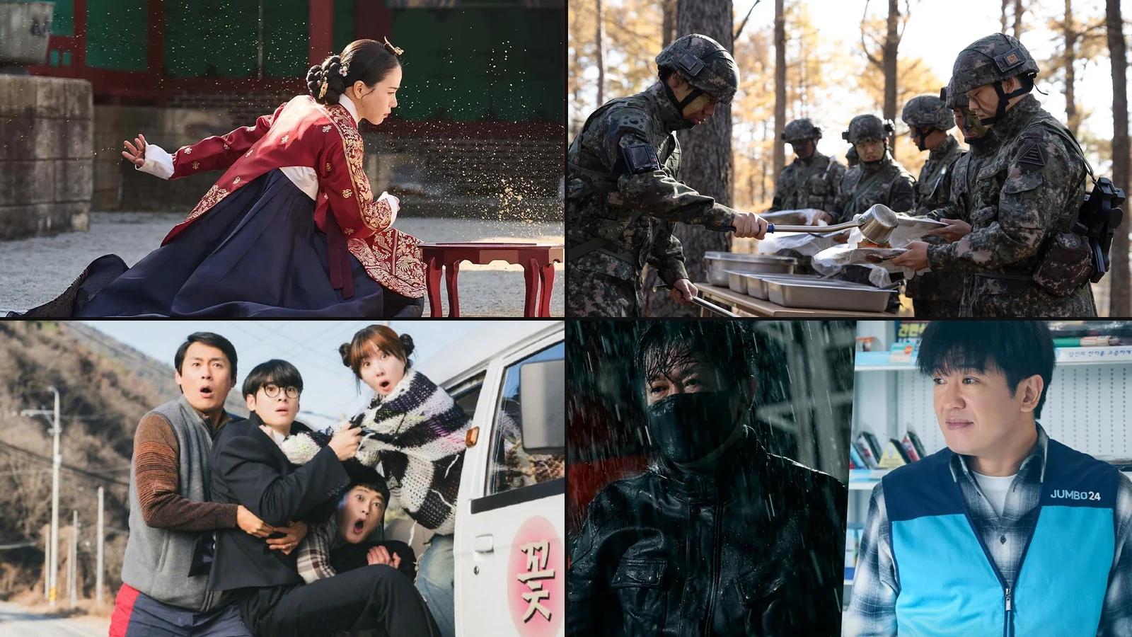 Composite of four 2026 K-drama promo stills spanning historical romance, military fantasy, action comedy, and noir action