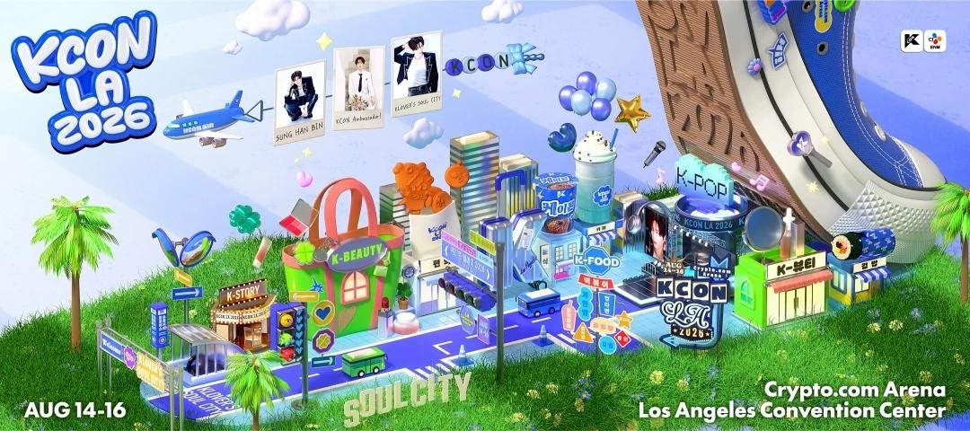 Official KCON LA 2026 promotional art featuring the Soul City theme, with event dates August 14-16 at Crypto.com Arena