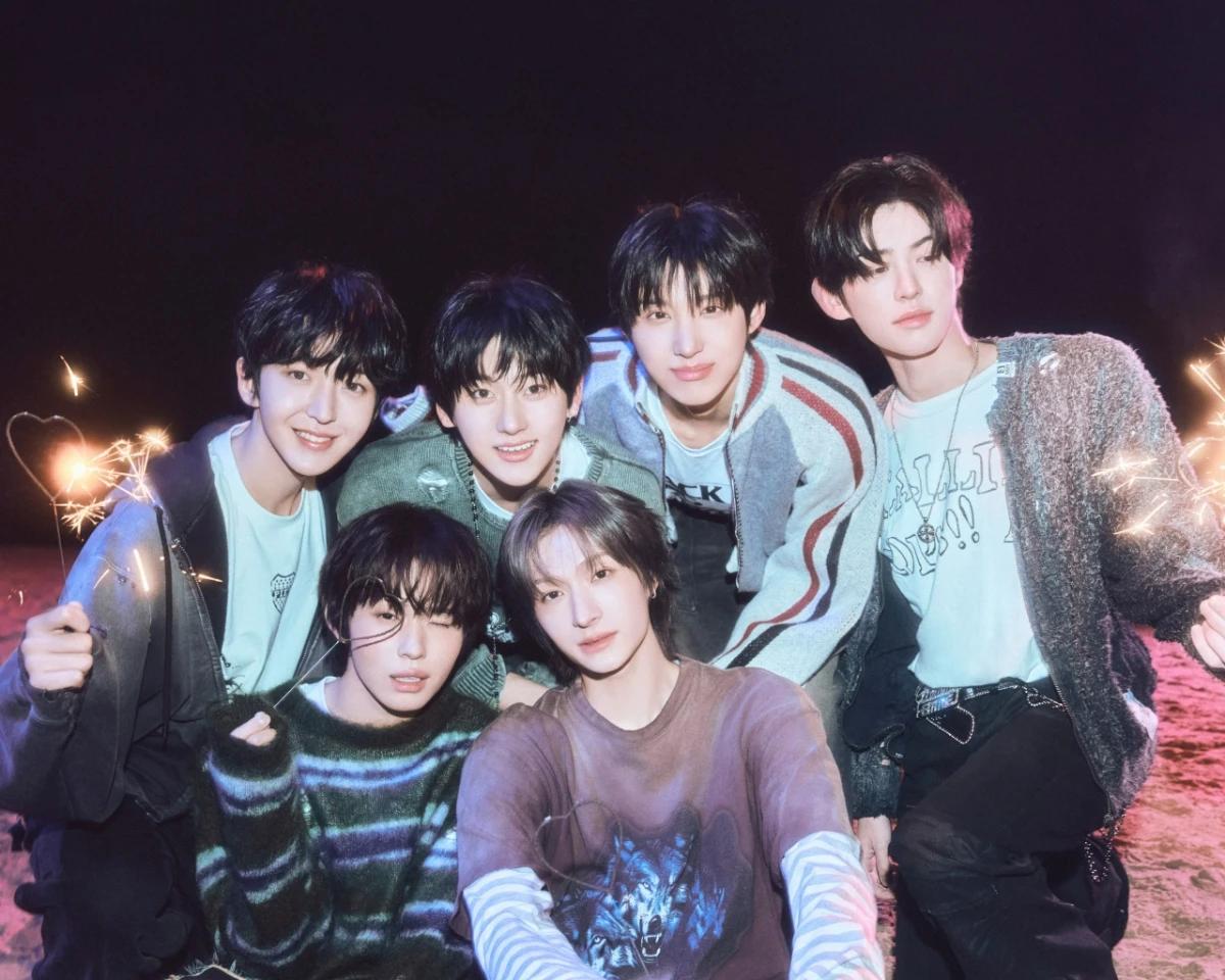 KickFlip members in concept photos for My First Kick, the group's fourth mini album