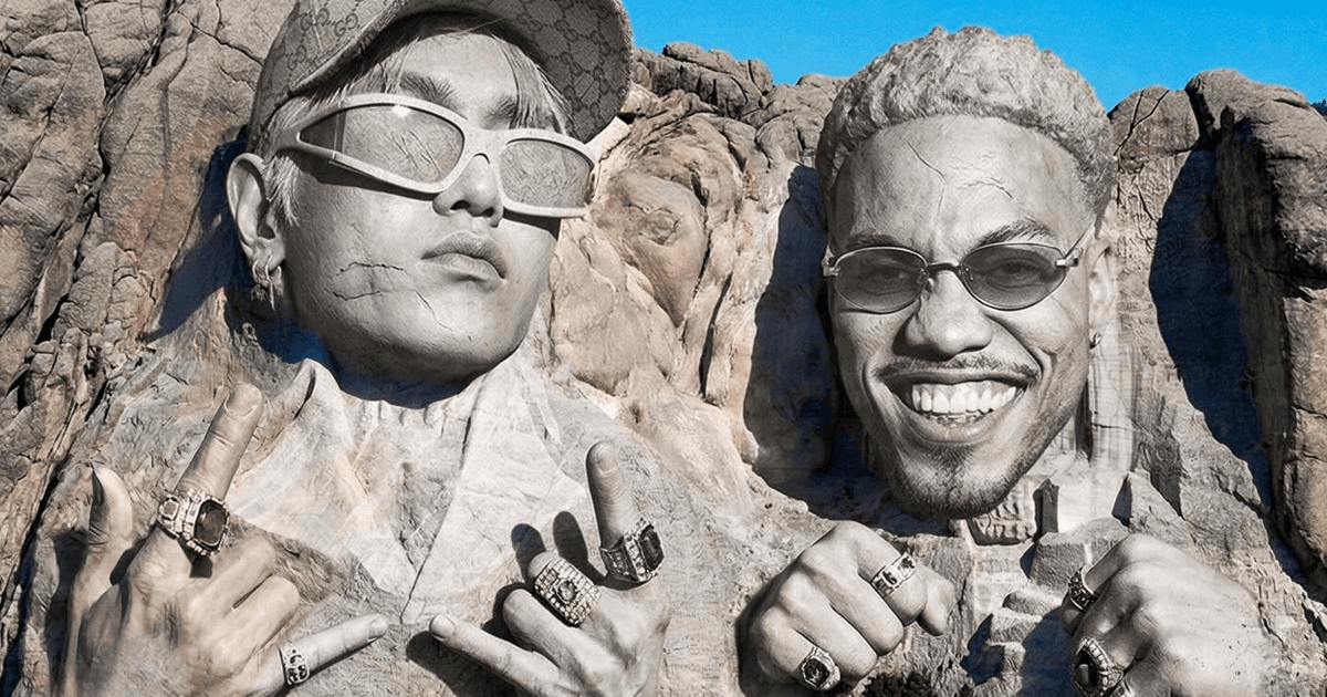Promotional artwork showing stylized mountain carvings of Taeyong and Anderson .Paak above a Rock Solid sign