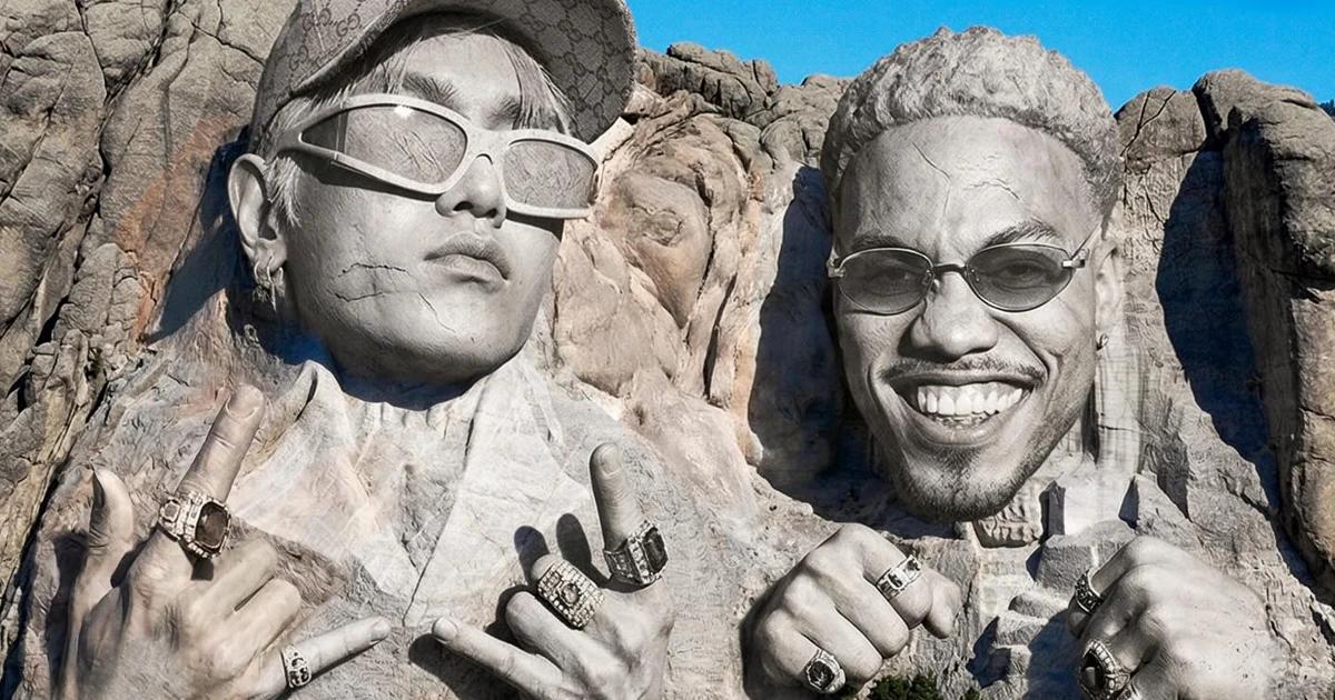 Promotional artwork showing stylized mountain carvings of Taeyong and Anderson .Paak above a Rock Solid sign
