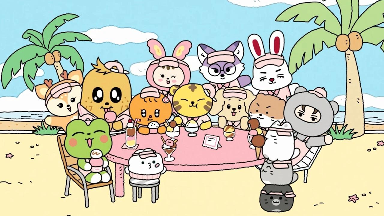 Official MINITEEN beach-themed teaser artwork showing mascot characters gathered around an outdoor ice cream table.