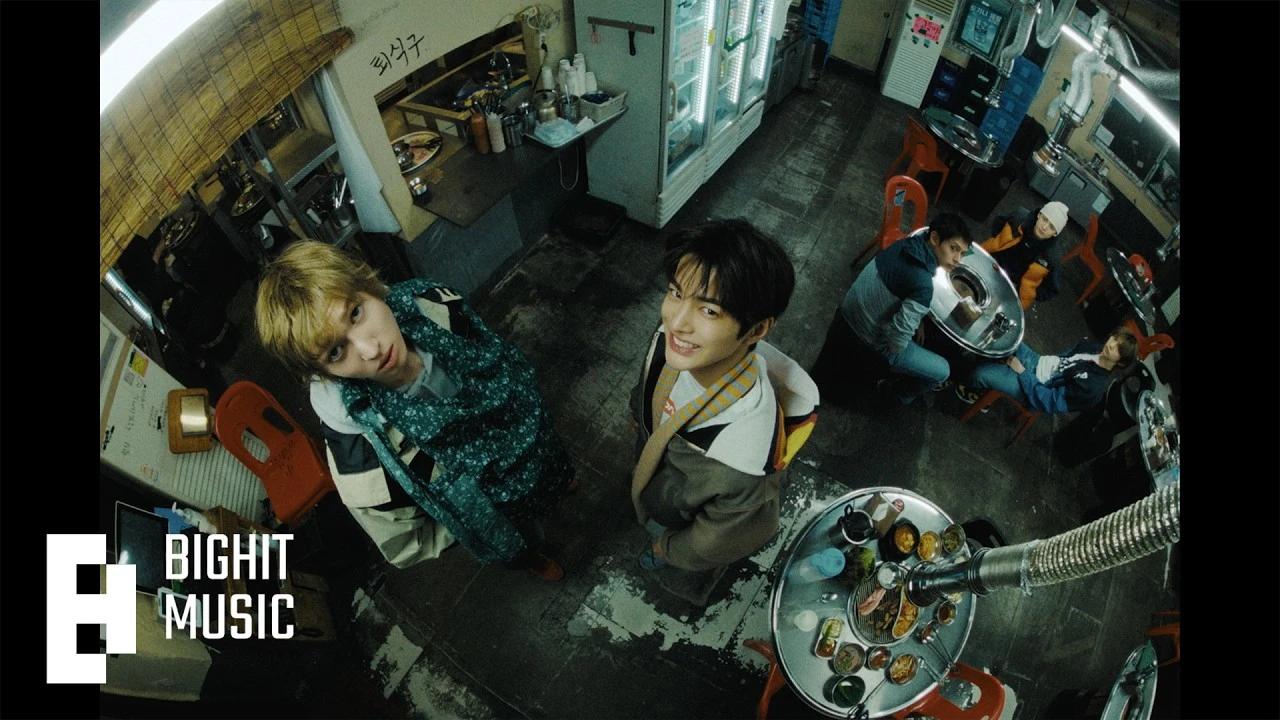 CORTIS gathered around grill tables in a fisheye still from the official REDRED music video