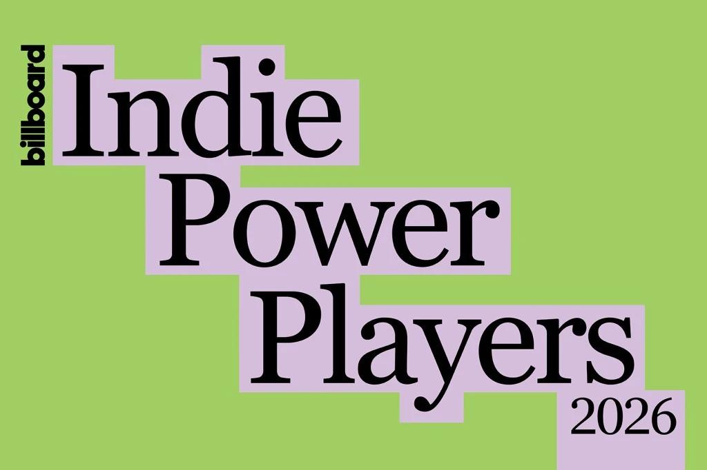 Billboard Indie Power Players 2026 graphic in black text on lavender blocks over a light green background
